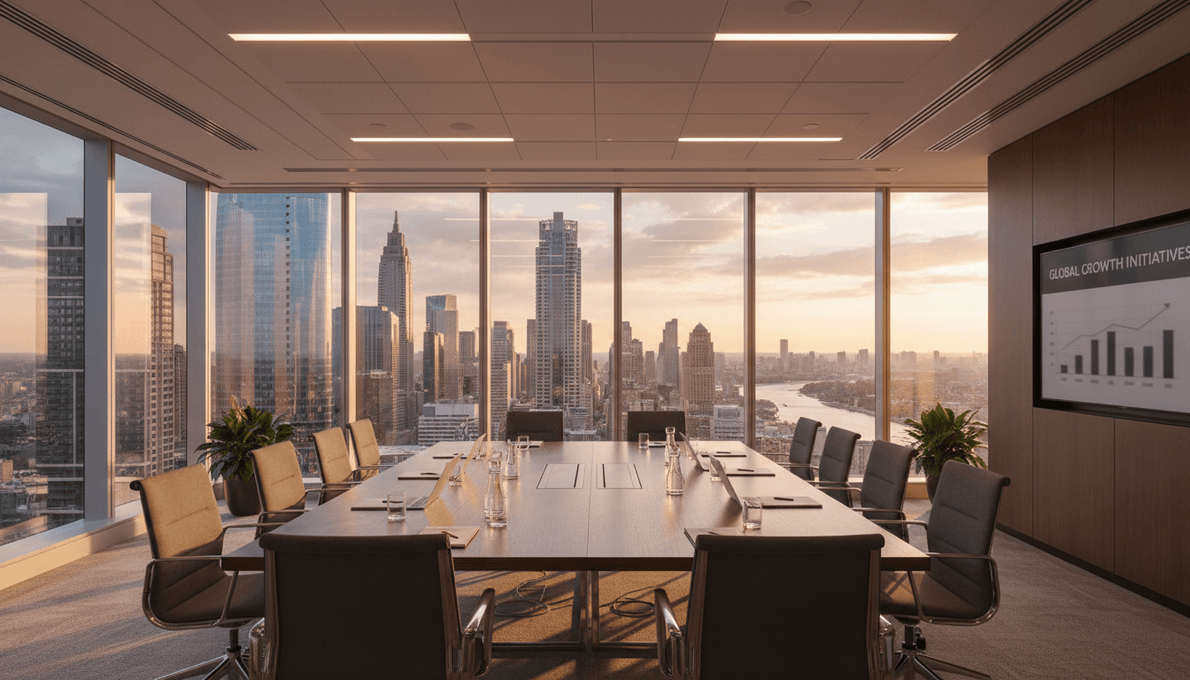 Modern professional conference room with glass table and city view, ideal for strategic business meetings