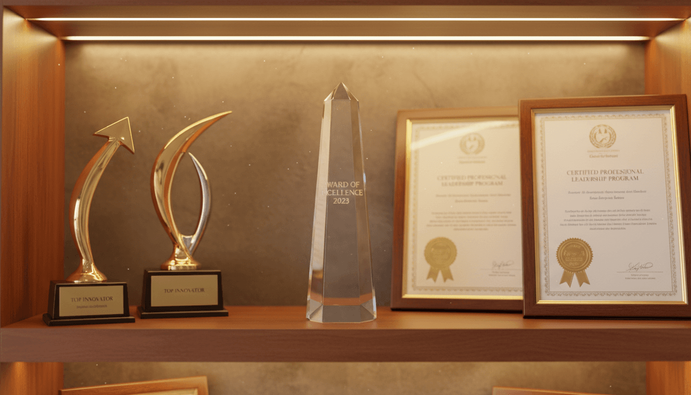 Award certificates and recognition plaques displayed professionally