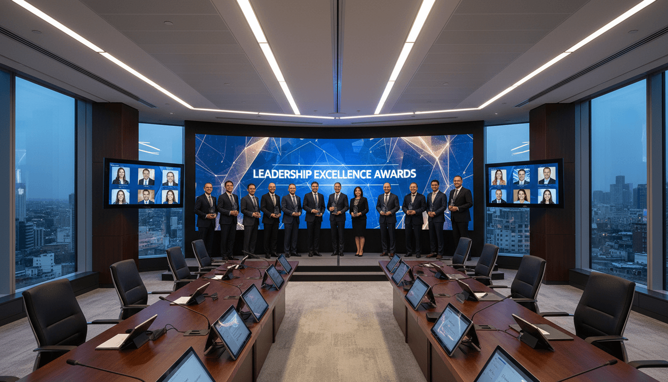 Professional conference room with awards and recognition displays