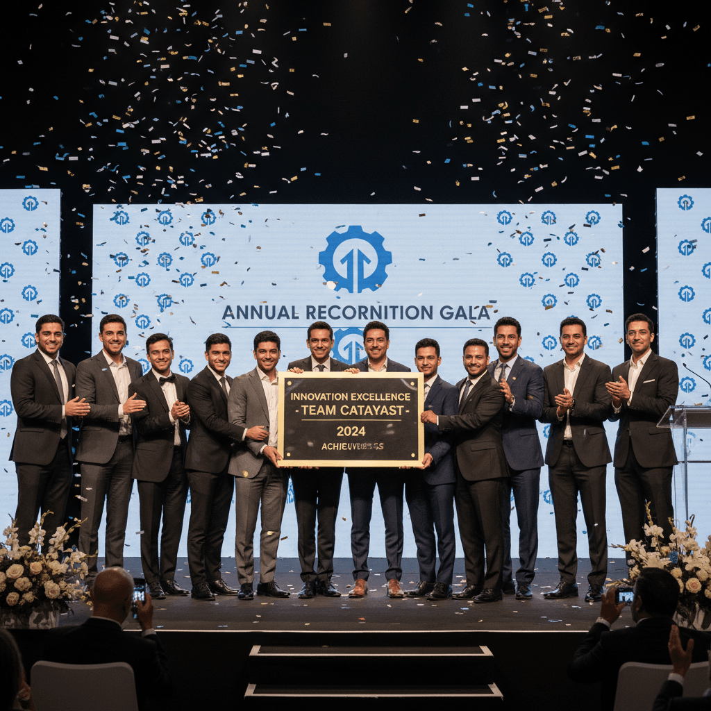 Team celebrating industry award for organizational efficiency solutions
