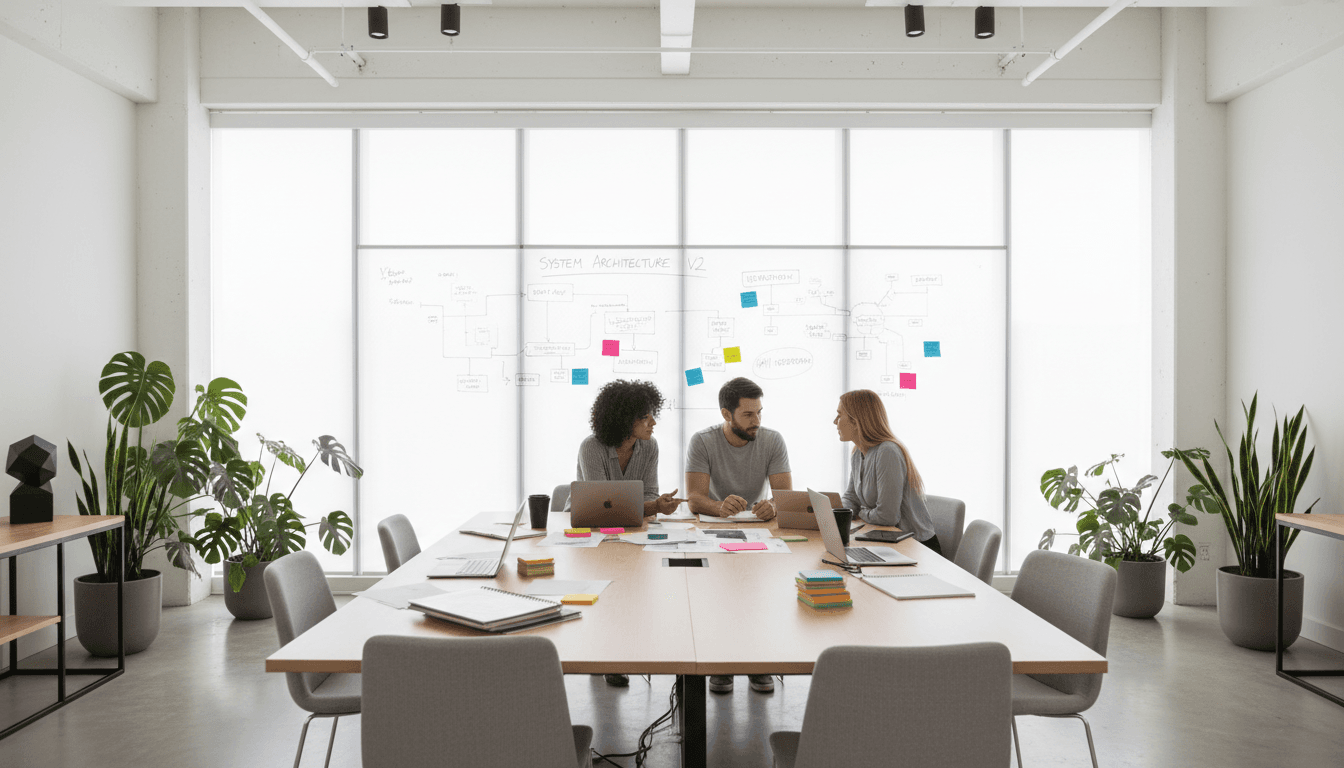 Team collaborating at table with technology and documents in bright modern office setting