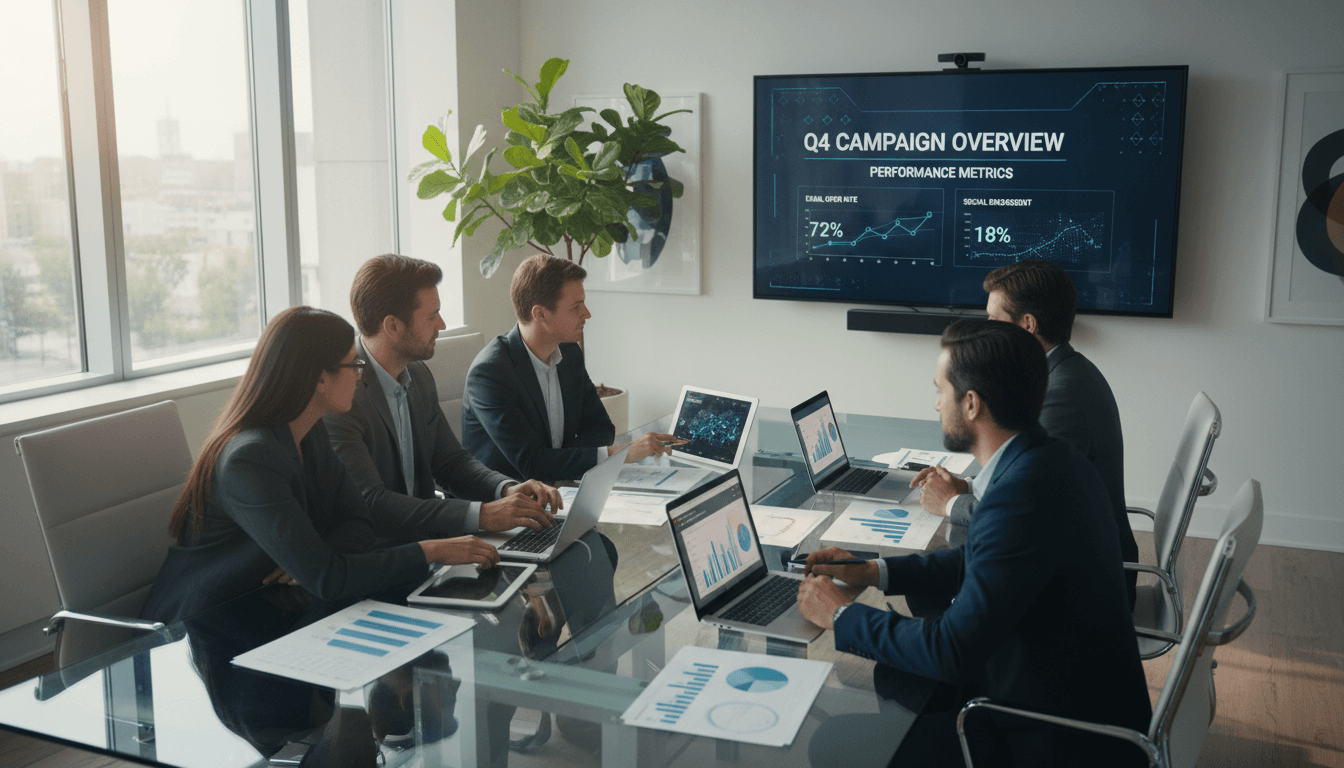 Professional team in modern meeting room reviewing strategic data and organizational systems