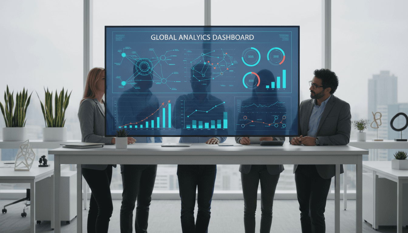 Professionals analyzing AI performance metrics on large display