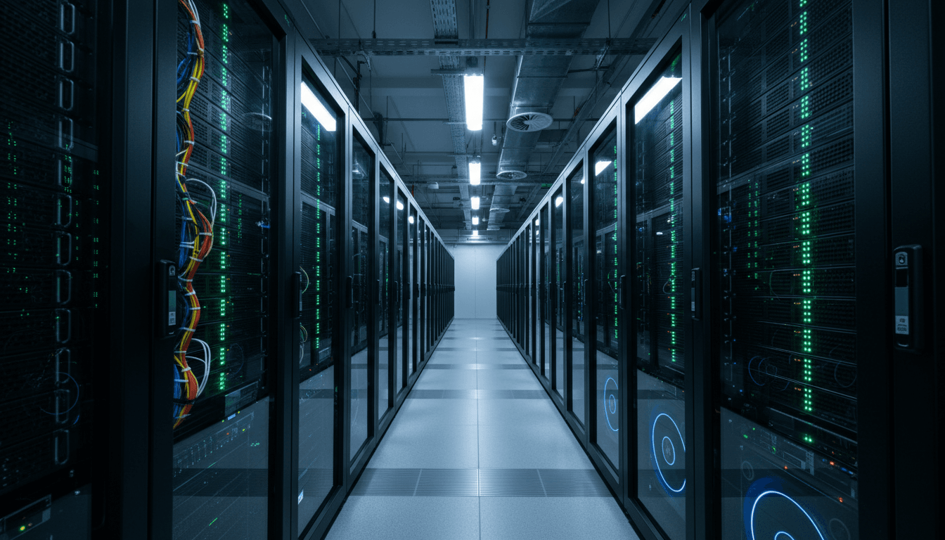 Secure AI infrastructure in modern data center with blue ambient lighting