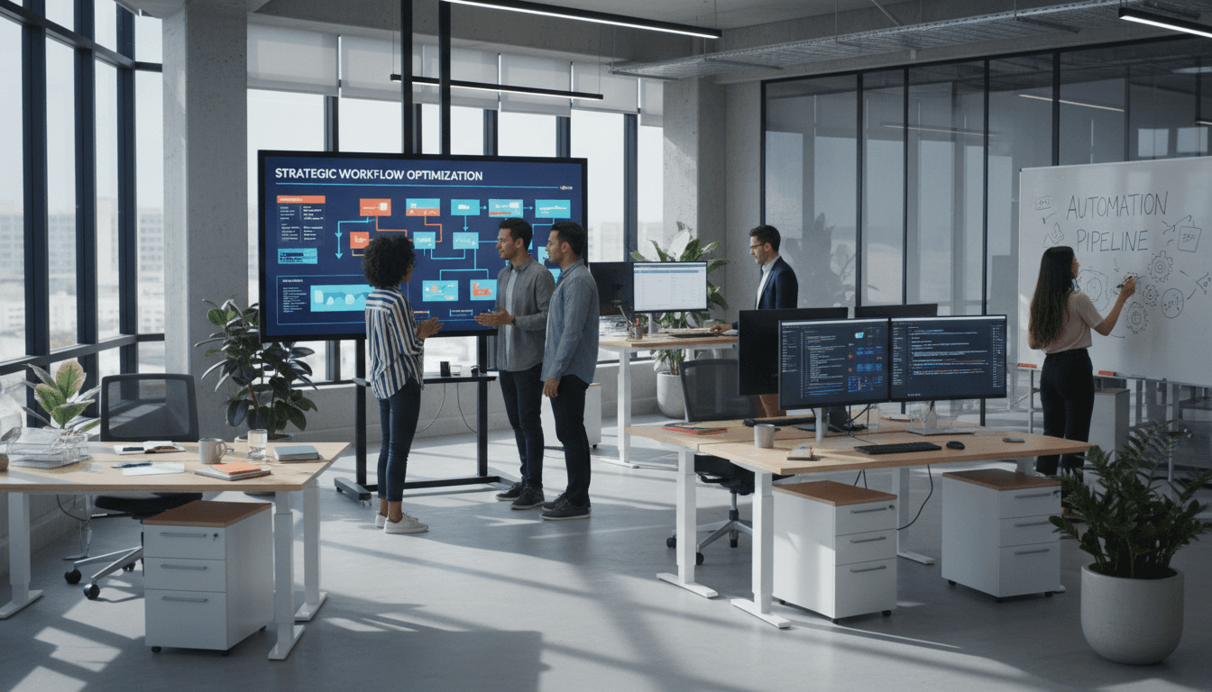 Professional team collaborating in a modern technology office environment